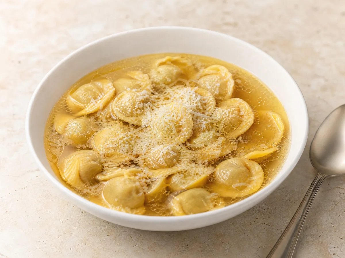 Eine Schüssel mit kleinen runden anolini in klarer Fleischbrühe mit geriebenem Parmigiano