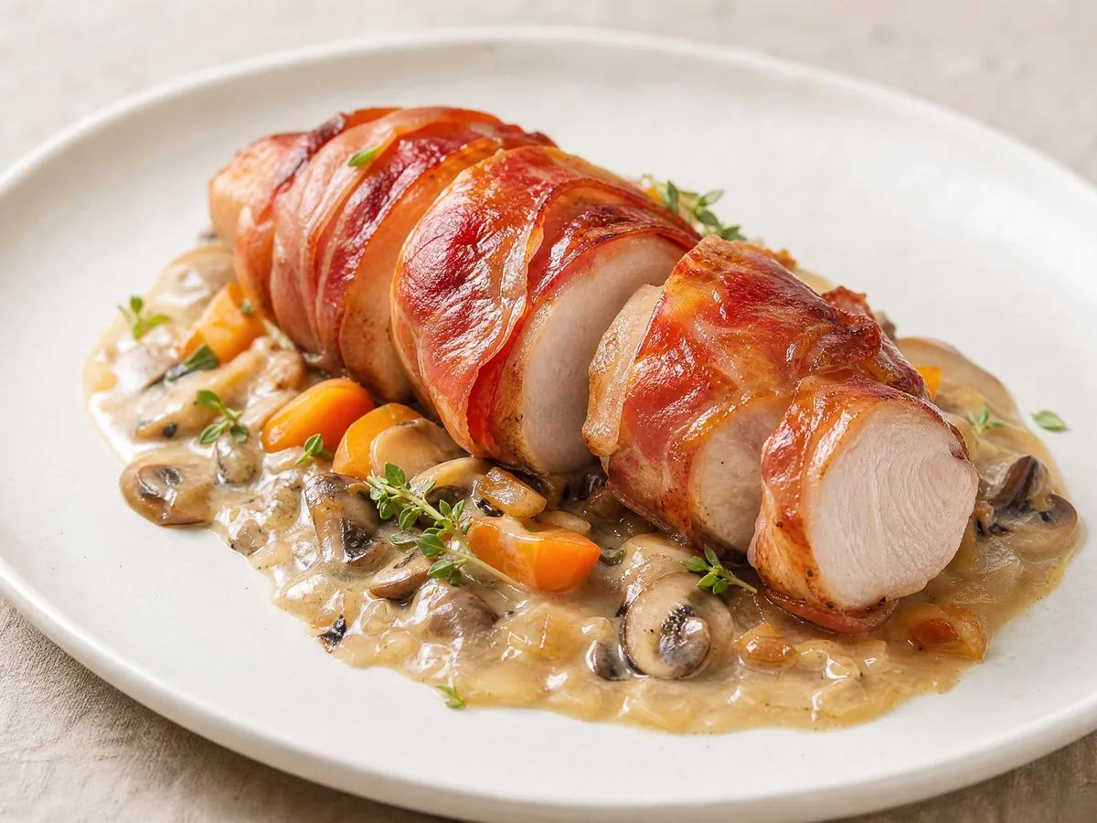 Knuspriger Hasenrücken in Prosciutto di Parma auf Pilzcreme mit Zwiebeln und Karotten