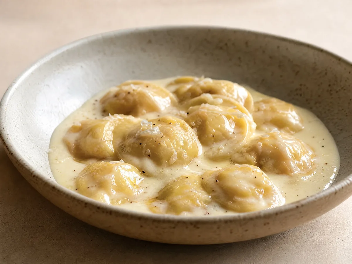 Kleine gefüllte Teigtaschen in einer glänzenden Parmigiano-Reggiano-Creme