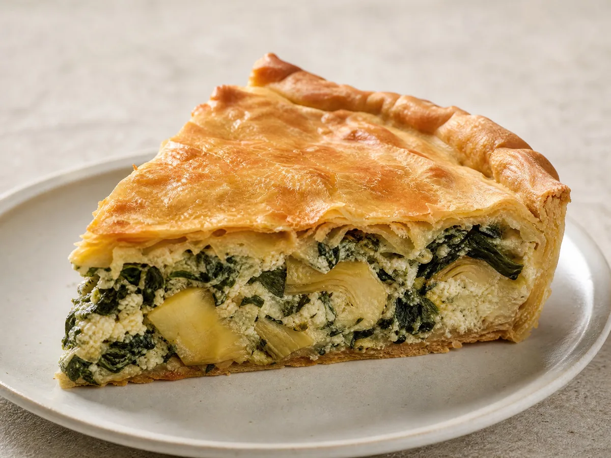 Ein dicker Keil goldener herzhafter Pastete, gefüllt mit Artischocken, Spinat, Ricotta und Parmigiano Reggiano