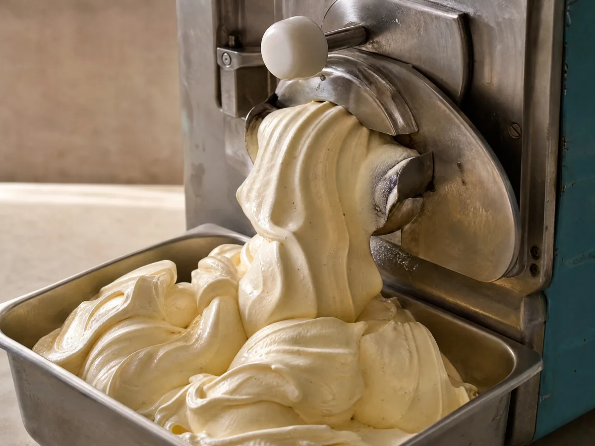 Weiche Vanillecreme-Gelato, frisch in einer Carpigiani-Maschine aus dem Jahr 1964 zubereitet
