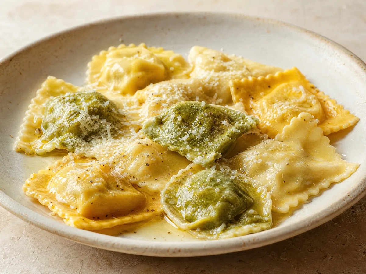 Ein Teller mit hausgemachten tortelli in geschmolzener Butter mit geriebenem Parmigiano Reggiano