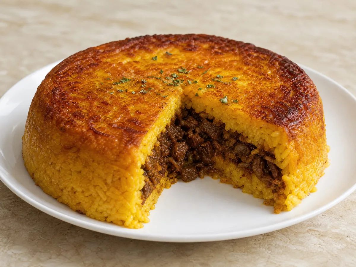 A baked rice dome with a wedge cut away to show the meat ragù inside