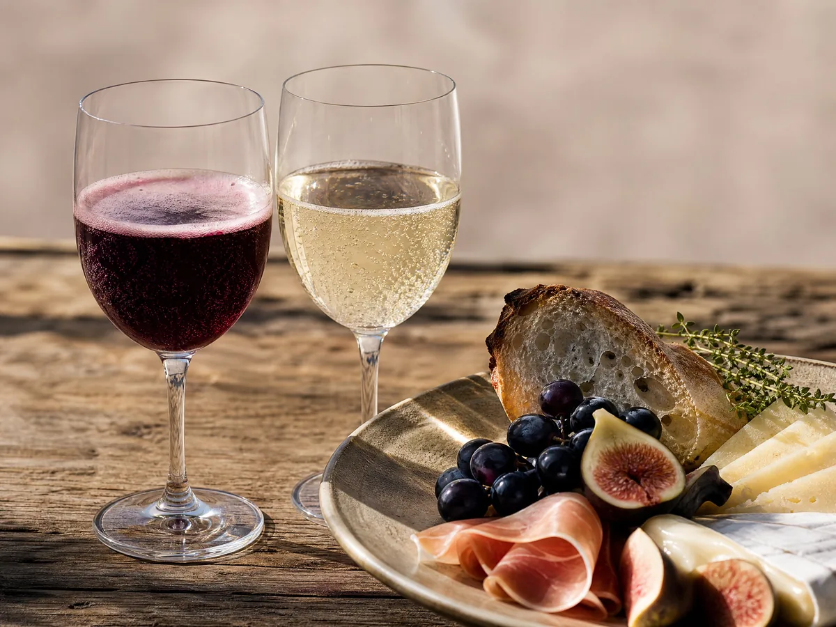 A glass of purple sparkling Lambrusco beside a glass of pale sparkling Malvasia