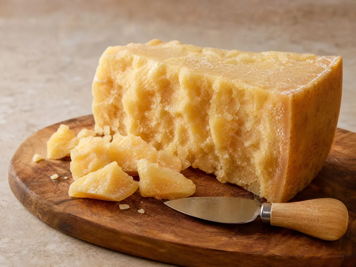 Ein Stück gereifter Parmigiano Reggiano mit groben, abgebrochenen Stücken neben einem kleinen Käsemesser