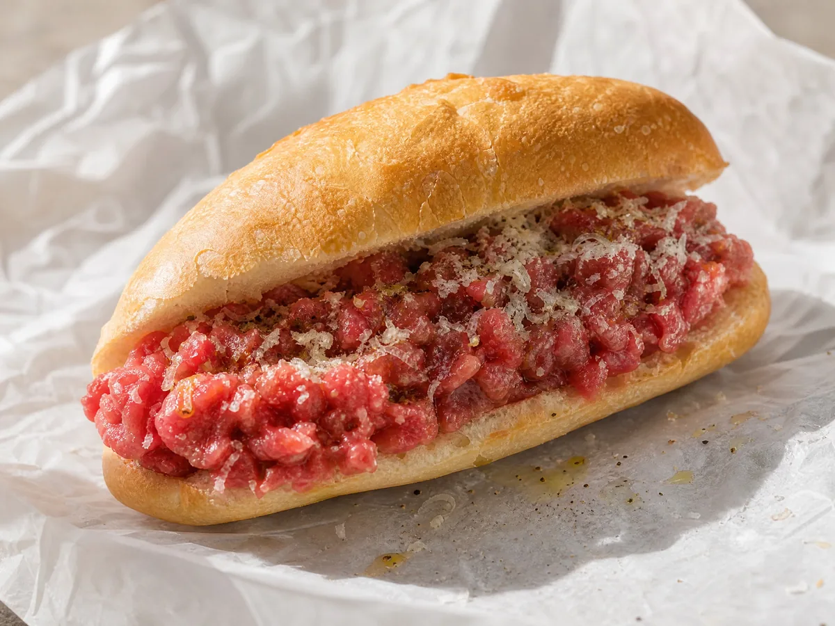 A soft roll filled with seasoned raw horse-meat tartare