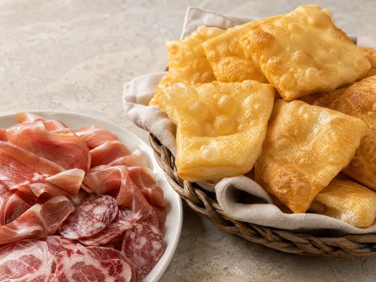 A basket of puffed fried dough squares beside a plate of sliced cured meats