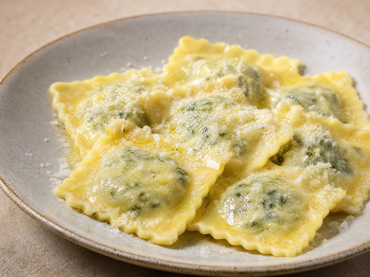 Square tortelli filled with ricotta and chard, glossy with butter and Parmigiano