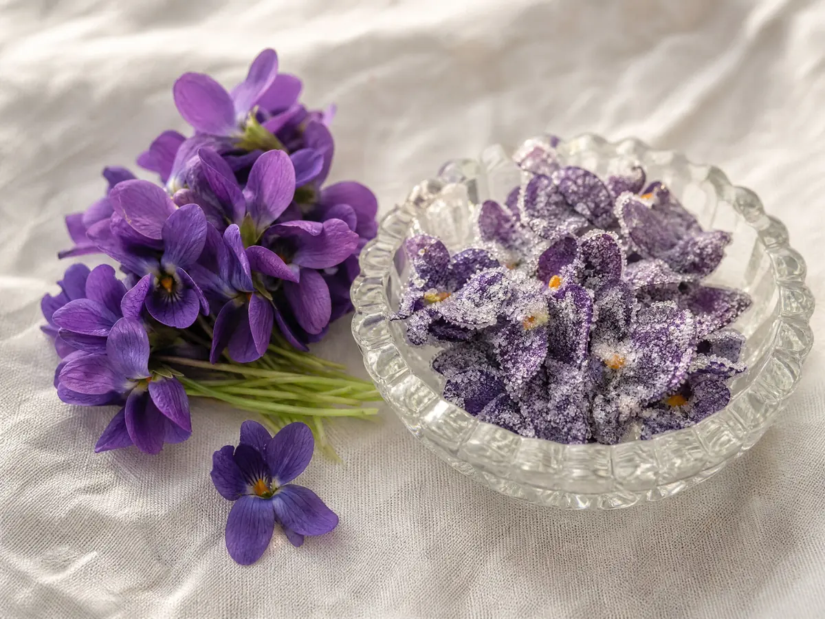 A bunch of fresh violets beside a dish of candied violet petals