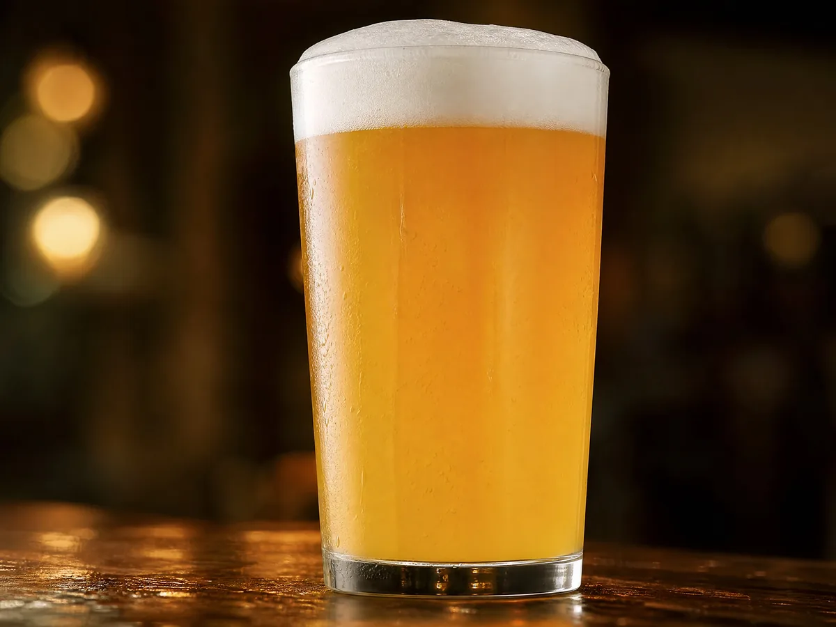 A hazy golden rye ale, citrusy and dry, in a tall glass with a thick white head
