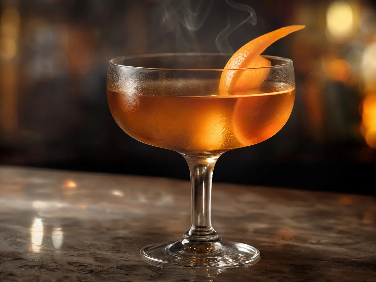 Ein goldener, gerührter Cocktail in einem Coupe-Glas mit einer Orangenschale