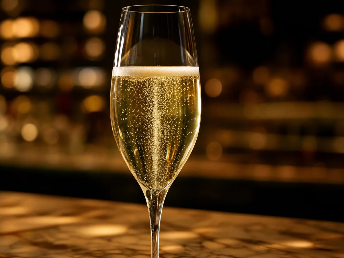 A flute of Franciacorta Satèn, pale gold with fine, creamy bubbles