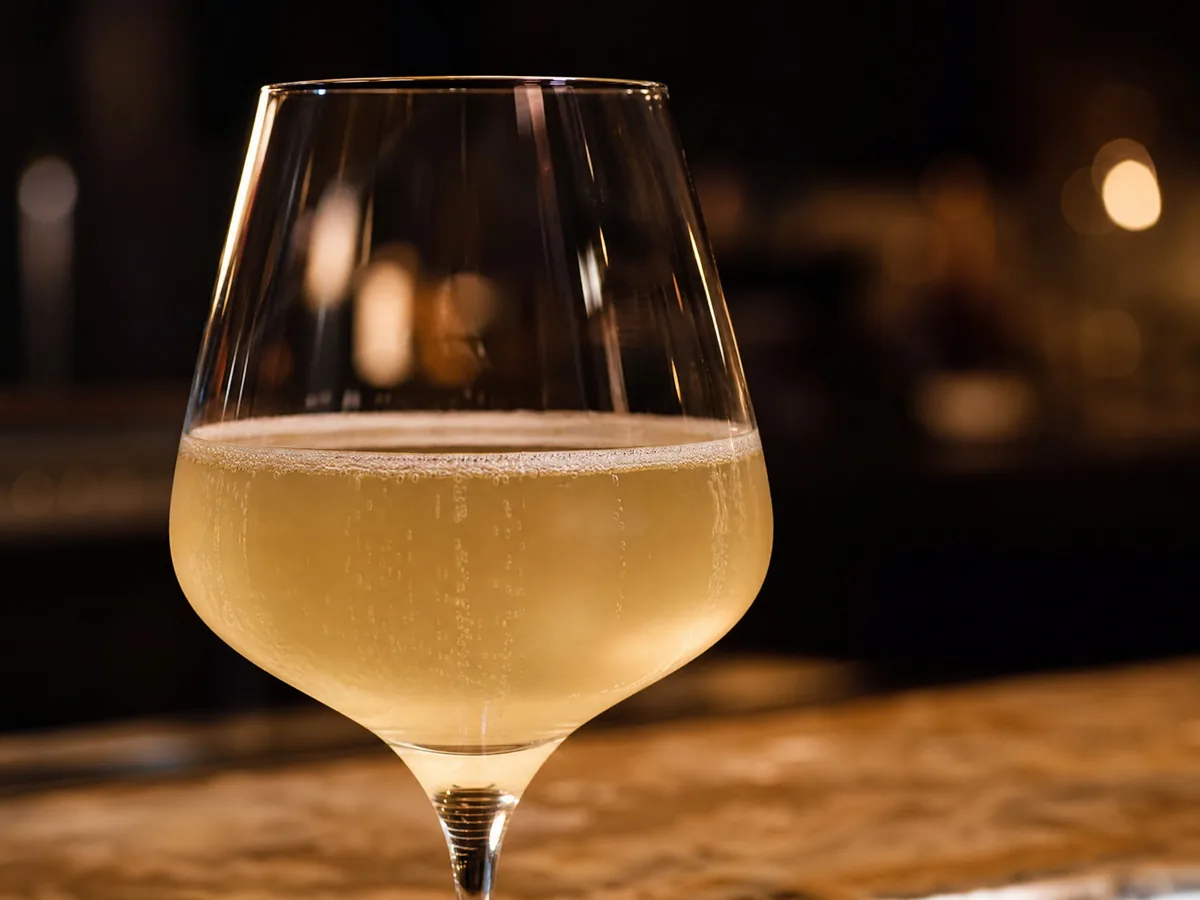 Ein trüber, hellgoldener sur lie Schaumwein aus Malvasia von Crocizia in der Provinz Parma