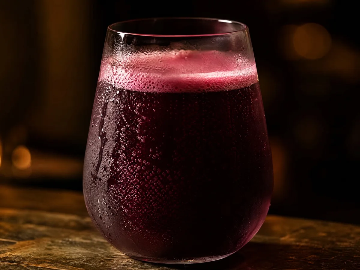 Ein Glas trockener, schaumiger Lambrusco der neuen Welle, tiefviolett mit rosafarbenem Schaum