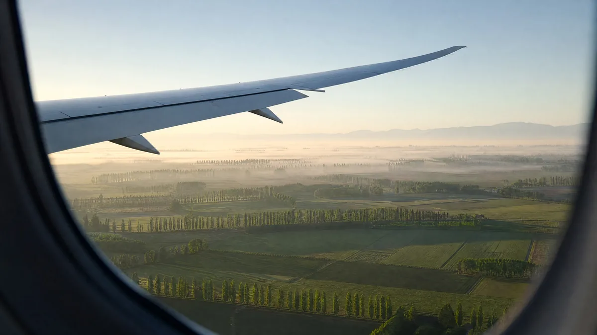 The Po valley's flat farmland and poplar rows in morning mist, seen from a plane window