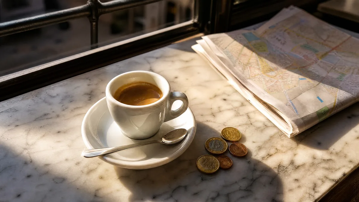 An espresso on a marble café counter beside a few euro coins and a folded map