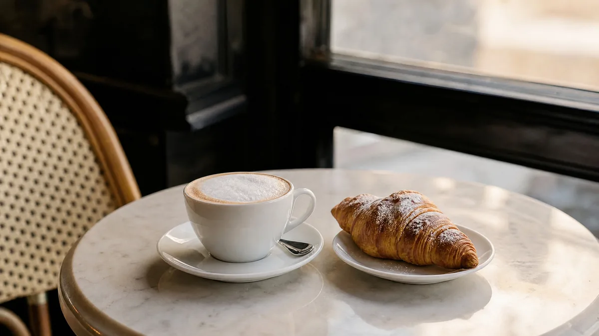 Ein Cappuccino und ein zuckerbestäubtes Cornetto auf einem Café-Tisch im Morgenlicht