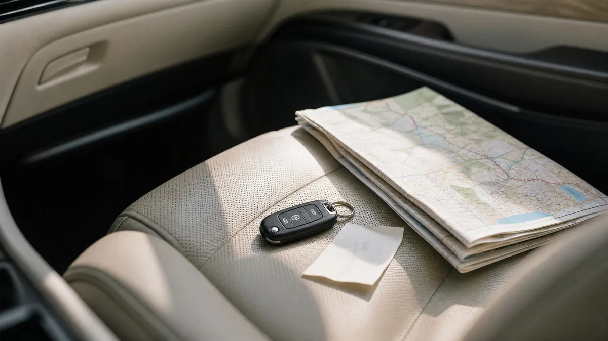 A car key and a parking receipt on a car seat beside a folded road map