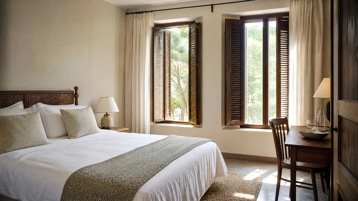 A simple bright guest room with a double bed and tall shuttered windows