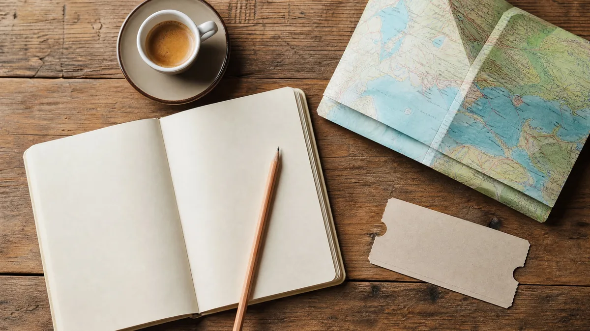 Ein Notizbuch, eine gefaltete Karte, eine Zugfahrkarte und ein Espresso auf einem Holztisch