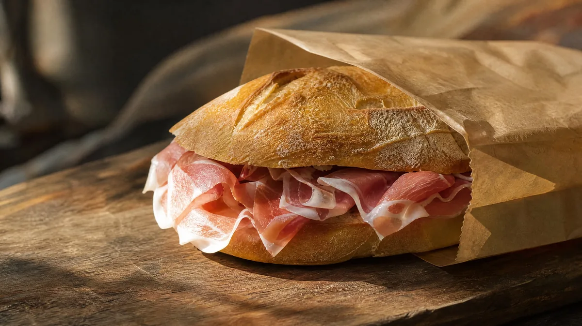 Ein knuspriges Brötchen mit Prosciutto, halb in braunes Papier eingewickelt