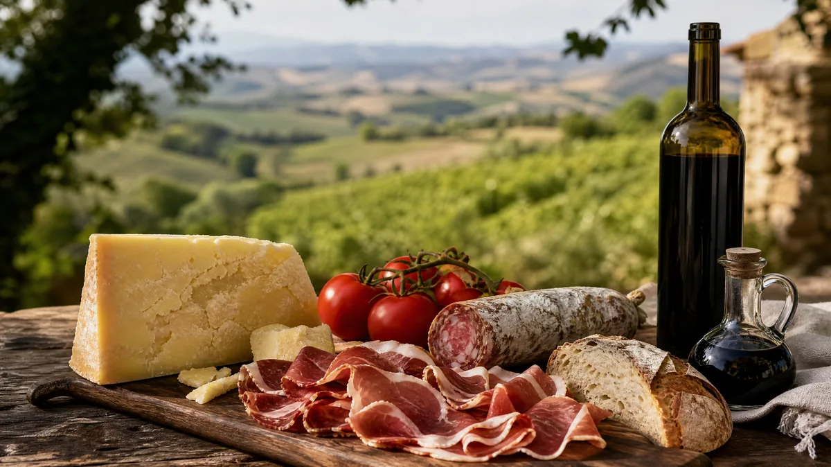A table of aged cheese, sliced ham, salami, tomatoes, bread and wine