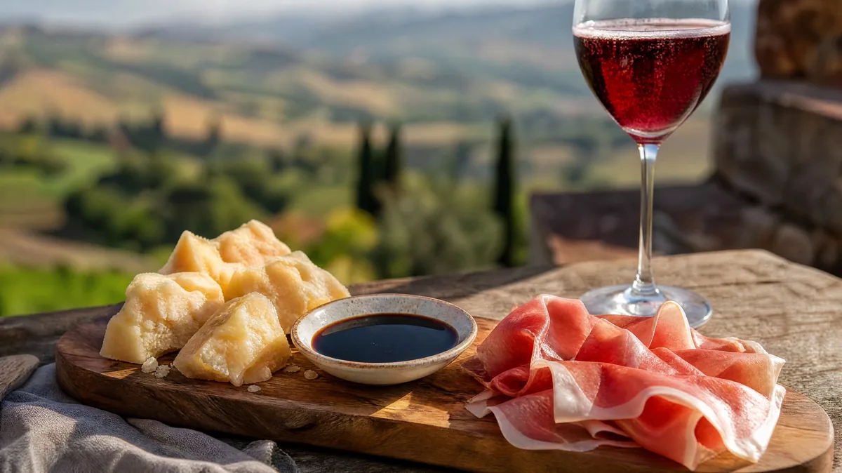 Brett mit Parmigiano-Stücken, Prosciutto und einer Schale Balsamico-Essig mit einem Glas Lambrusco