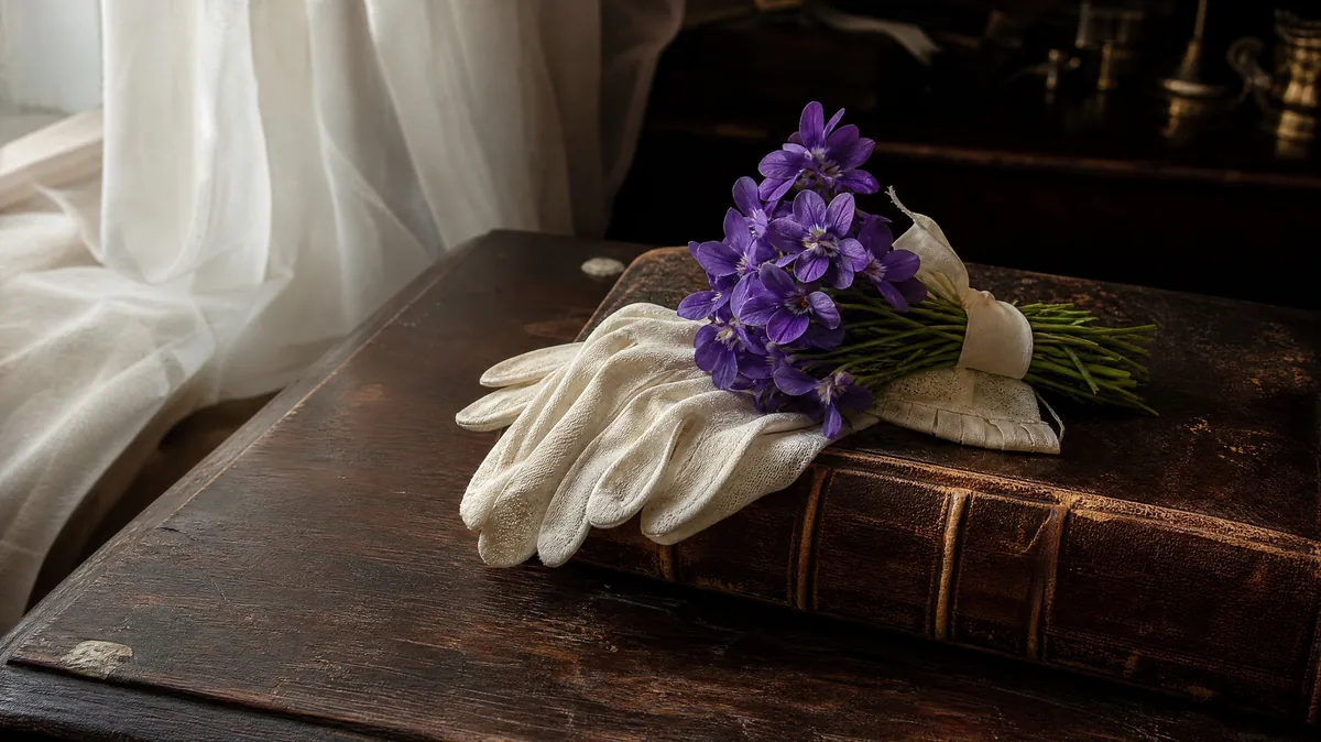 A bunch of violets and antique white gloves on an old leather-bound book