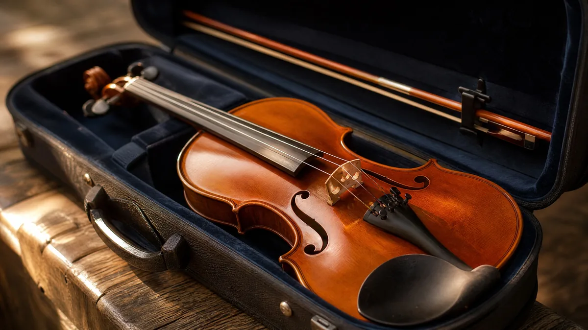 Un violon et son archet dans un étui ouvert doublé de velours
