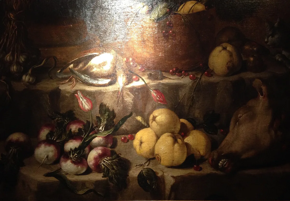 Felice Boselli's still life with quinces, radishes and game in the Pinacoteca Stuard