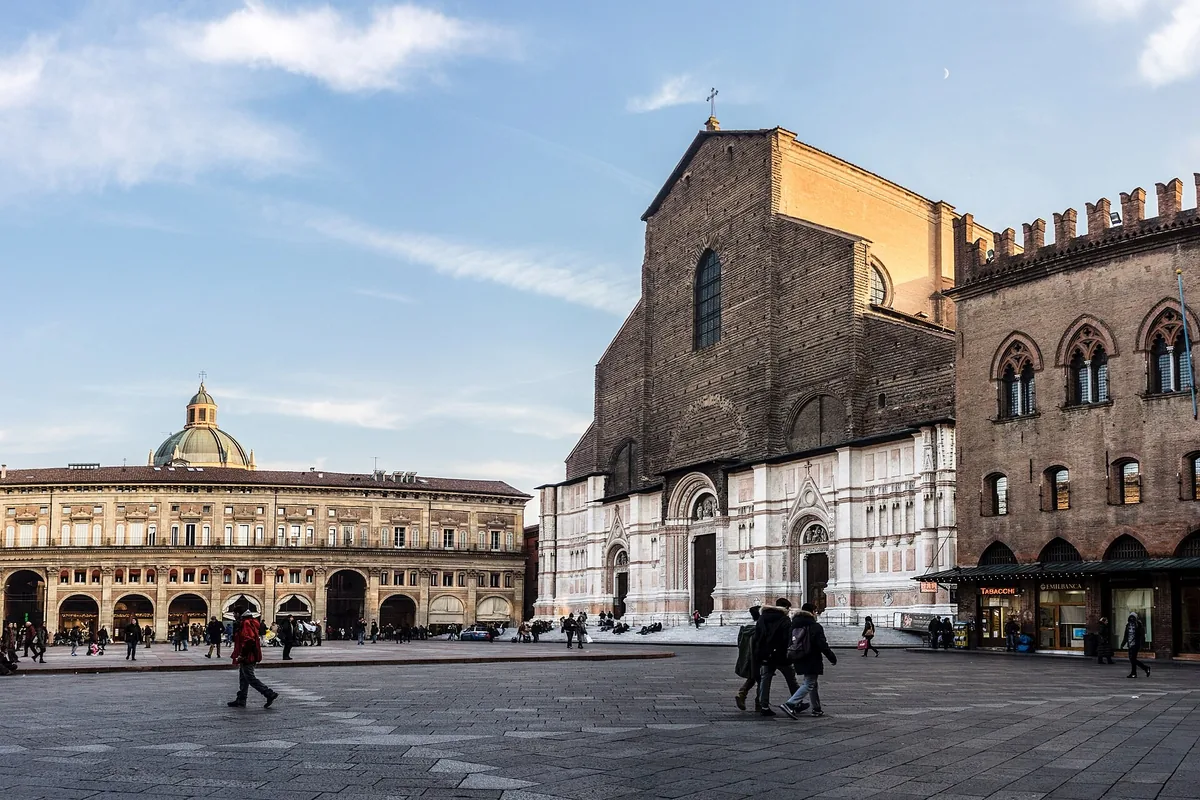 San Petronio basilica and the Palazzo dei Banchi arcades on Bologna's Piazza Maggiore